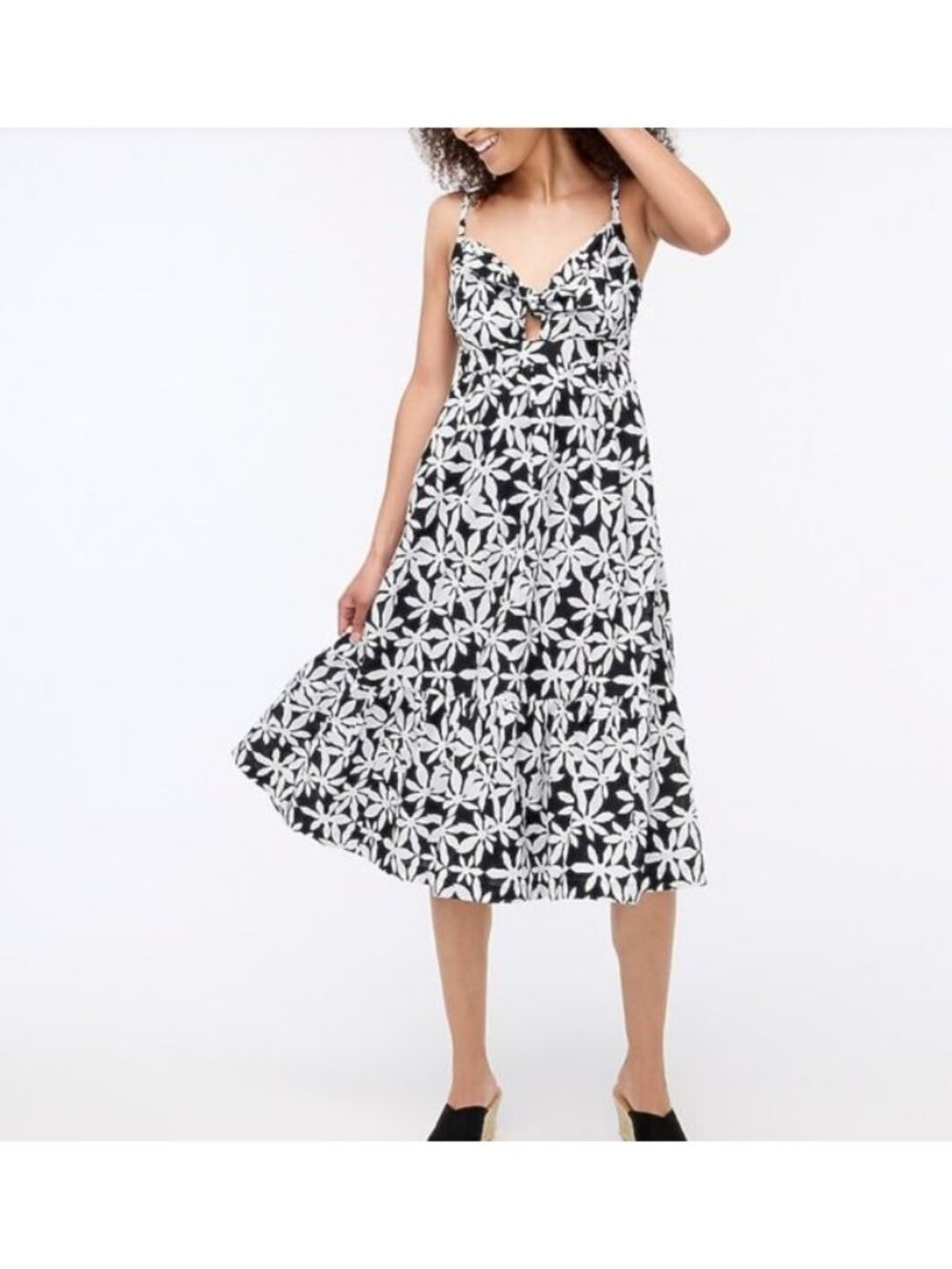 J. Crew Cutout Midi Dress Womens Size 4 Black White Floral Print Tie Front